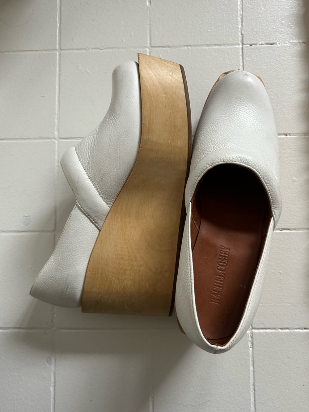 Rachel Comey White Leather Platform Clogs with Wooden Sole